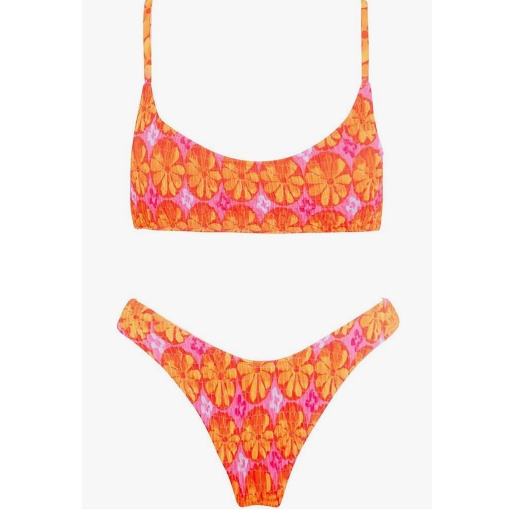 Volafa Pink Orange Floral Smocked Bikini Set Scoop Neck High Cut Two Piece  M